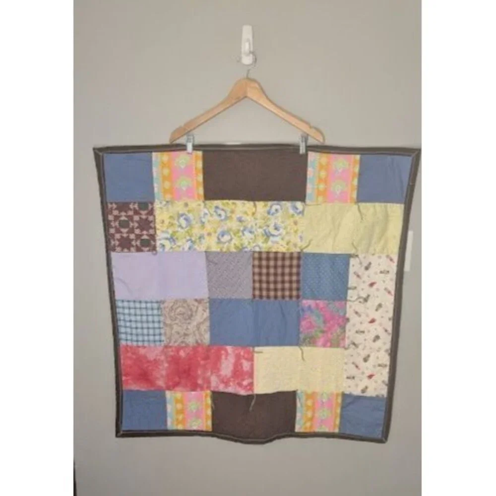 Vintage Handmade Quilt Tied Polyester Knit 35.5 in x 36.5 in